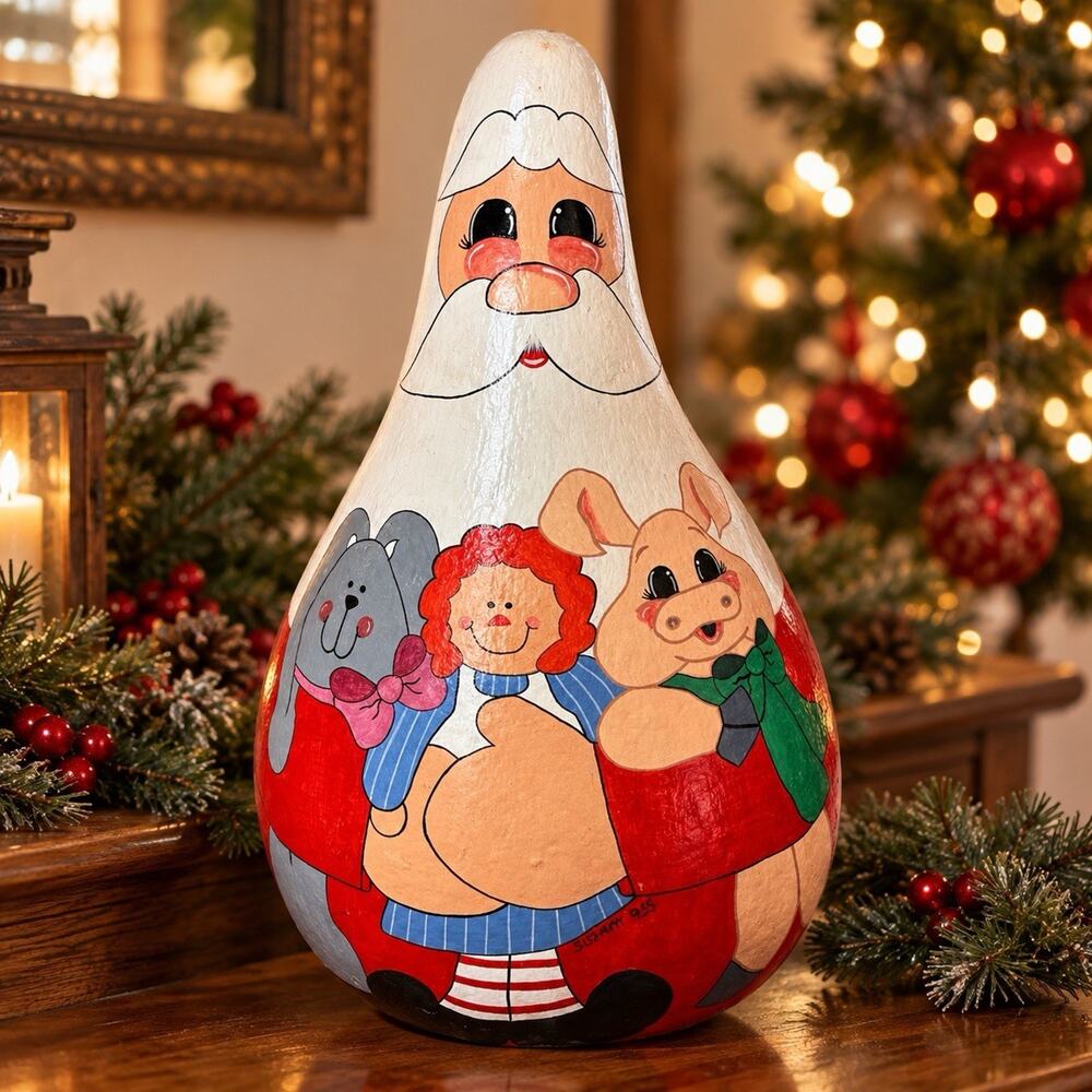 VTG 1995 Hand Painted Santa Gourd Signed Susanne Christmas Toys Folk Art 13”